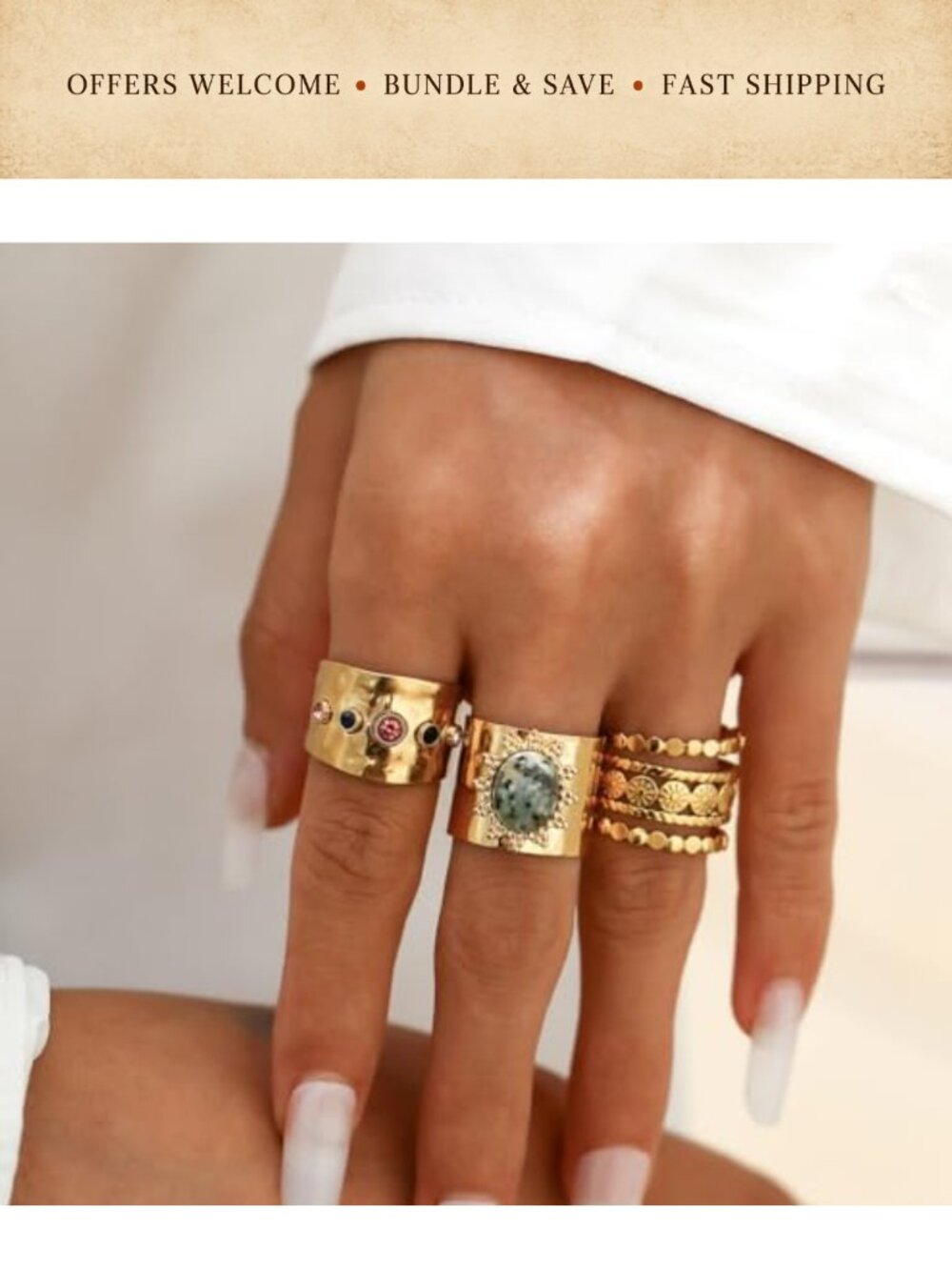 Gold Crystal Stacking Ring Set Adjustable Stackable Knuckle Rings - Picture 2 of 6